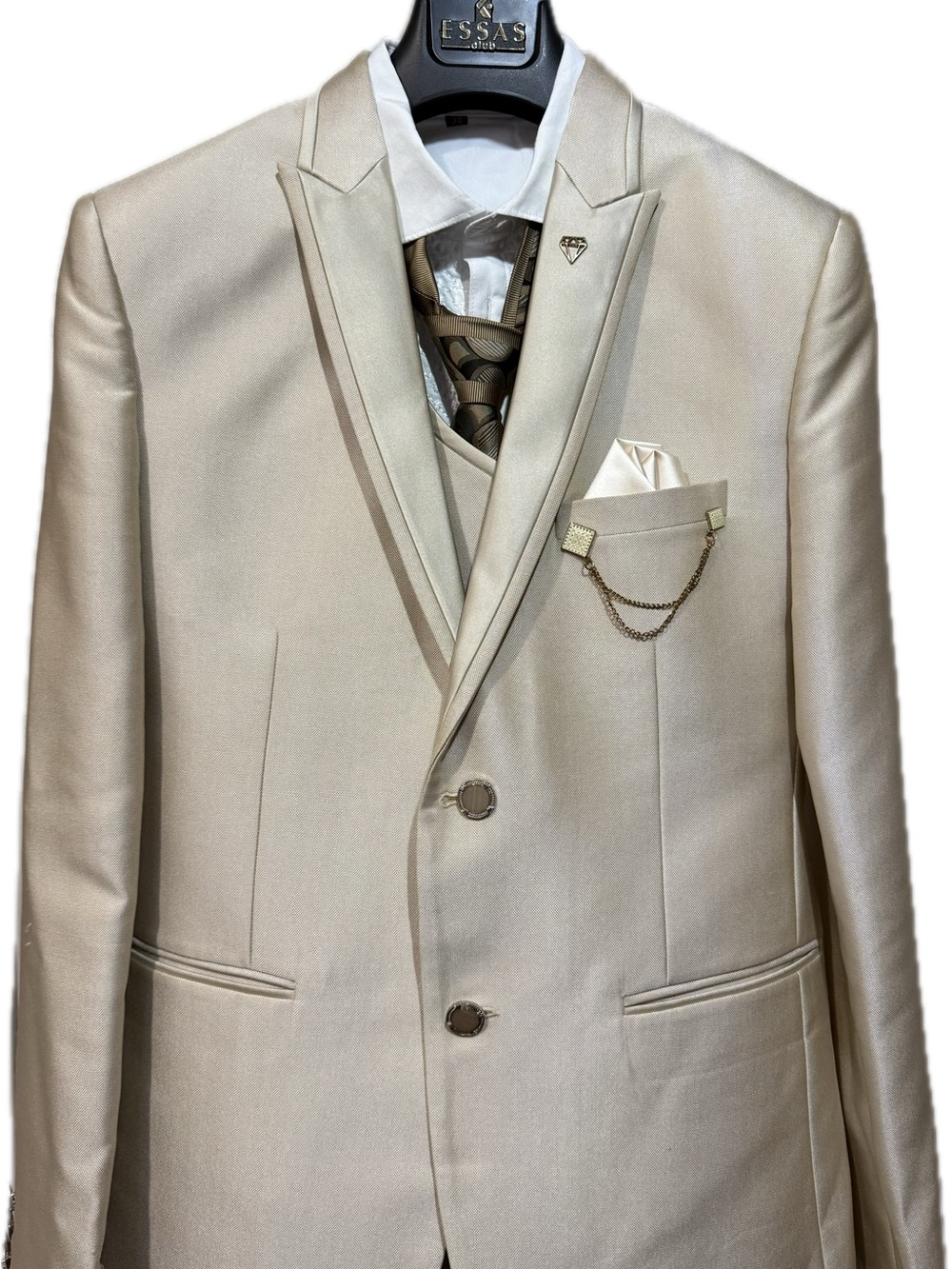 SAS Cream Satin Peak Lapel Men's Suit Jacket with Vest